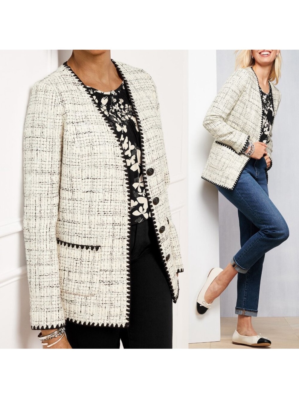 Talbots Women’s Tipped Tweed Textured Classic Blazer Jacket Plus Size 14